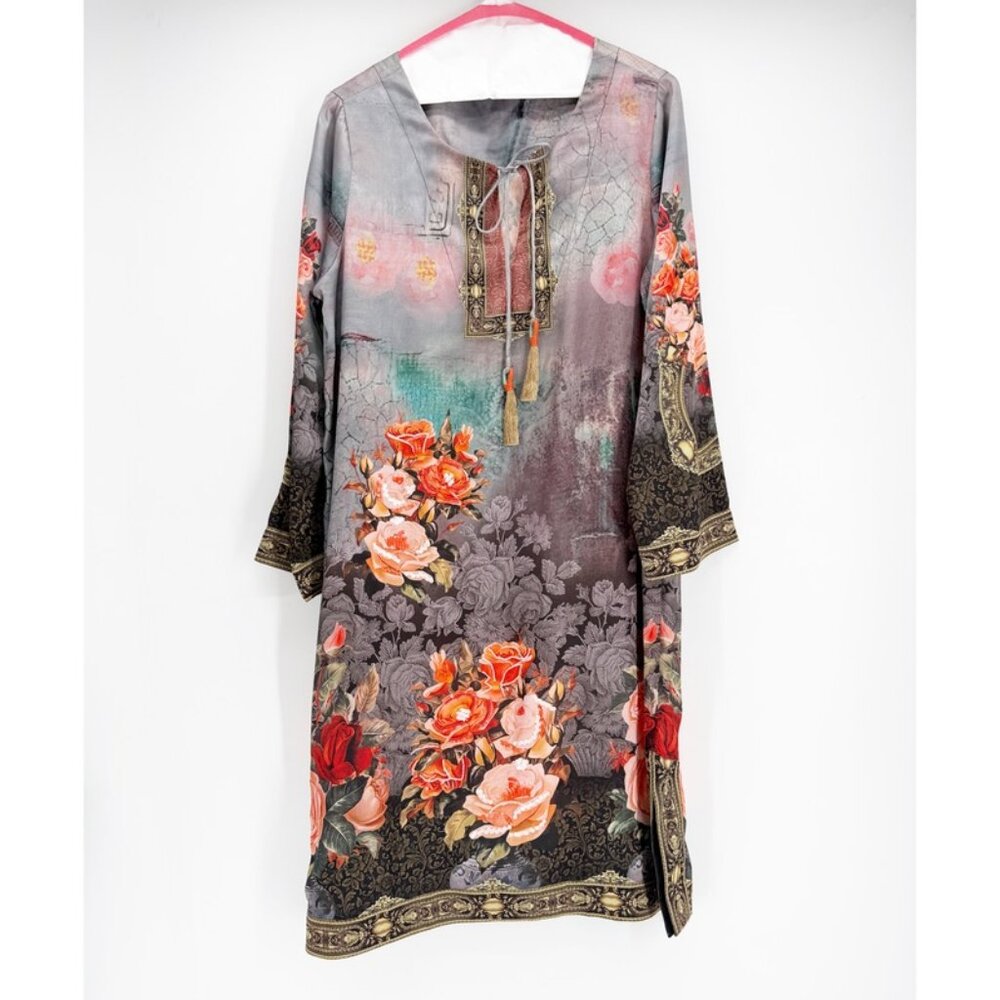 Soft Surroundings Dress Satin Floral Beaded Sequin Tassel Boho M